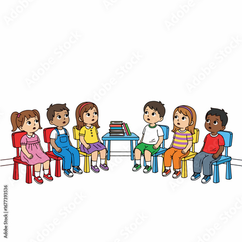 Colorful Cartoon Illustration Children Sitting Circle Classroom Education Scene
