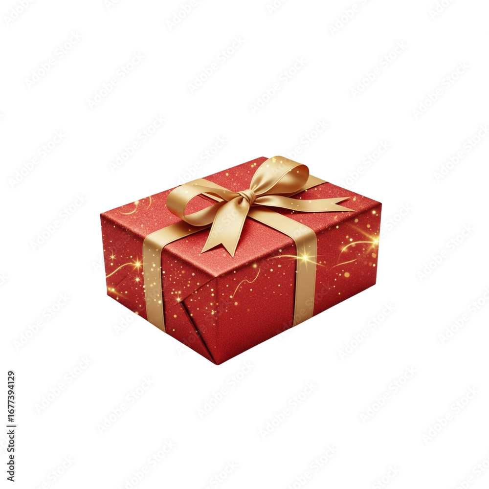 Obraz premium Festive red gift box tied with a golden ribbon and lights