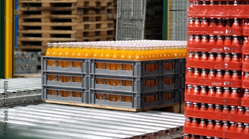 A stack of orange juice cartons on a conveyor belt