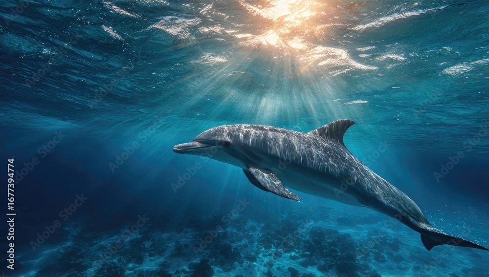 Fototapeta premium Dolphin swimming underwater, sunbeams (2)