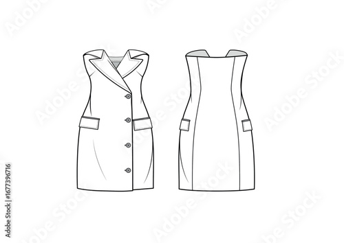 Women Tailored Bustier Trench Coat Style Mini Dress, Front & Back View, fashion flat sketch, Editable Flat Technical Drawings Illustration, Dress Mockup
