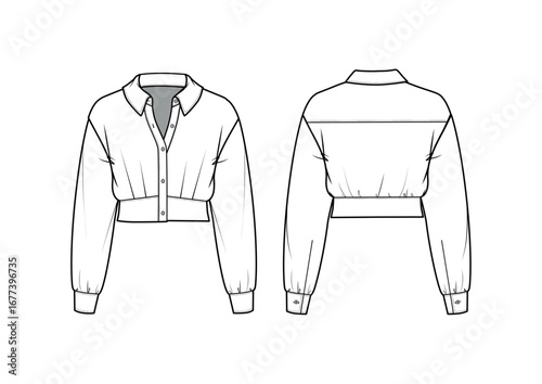 Women Tailored Cropped Button Down Shirt, front & back view, fashion flat sketch, Editable Flat Technical Drawings Illustration, Shirt Top Mockup