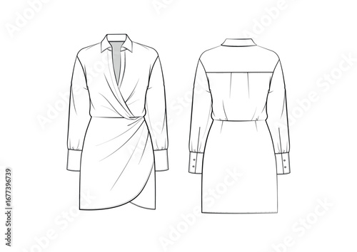 Women Tailored Wrap Front Drapery Shirt Shirt Dress, front & back view, fashion flat sketch, Editable Flat Technical Drawings Illustration, Dress Mockup
