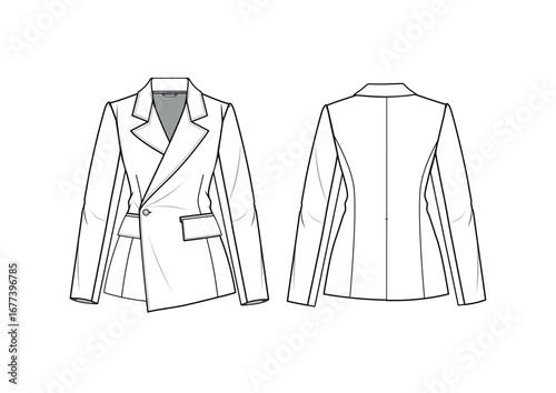 Women Tailored Single Button Asymmetric Fitted Blazer, front & back view, CAD fashion flat sketch, Editable Flat Technical Drawings Illustration, Blazer Mockup