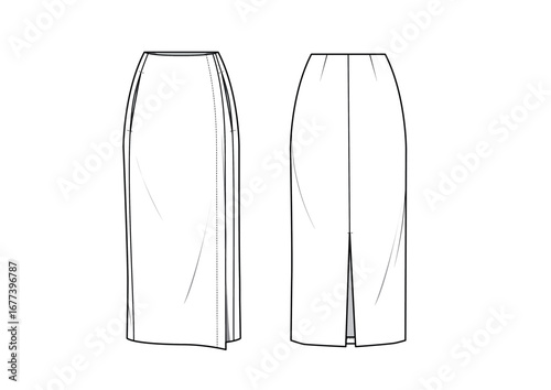 Women Tailored Pencil Midi Skirt With Slit details , Front & Back View, CAD fashion flat sketch, Editable Flat Technical Drawings Illustration, Skirt Mockup