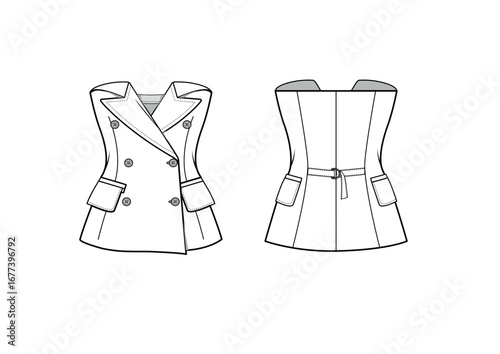 Women Tailored Bustier Strapless DB Trench Coat Style Crop Top, Front & Back View, fashion flat sketch, Editable Flat Technical Drawings Illustration, Dress Mockup

