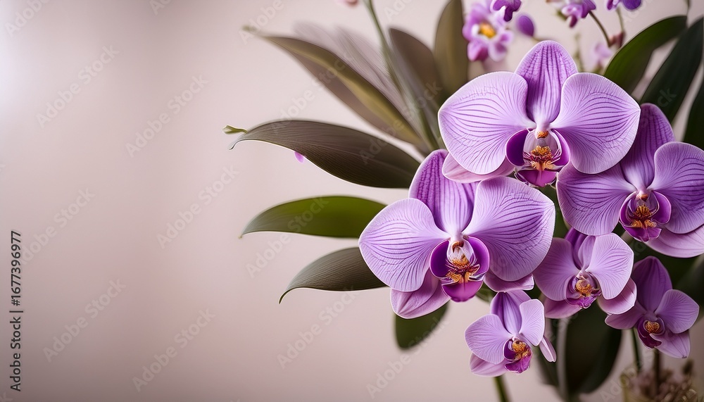 Naklejka premium against a soft neutral background delicate purple orchids bloom in a beautiful display of floral art characterized by gentle hues elegant blossoms and leaves and a serene natural aesthetic