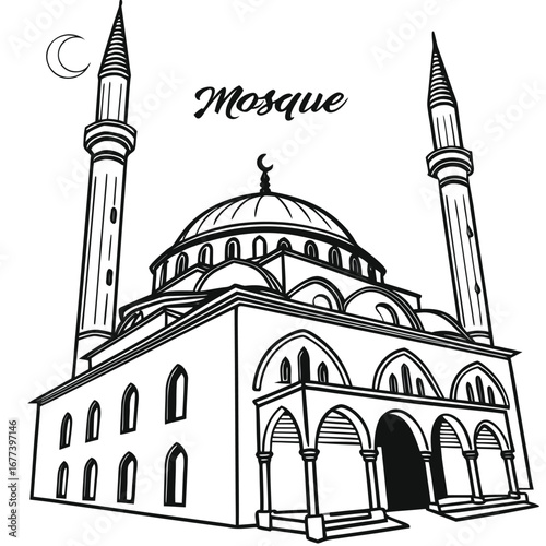 Outlined mosque features detailed arches, minarets, and dome, alongside a crescent moon, all on transparent background