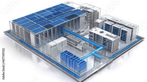 Cutaway 3D render of an eco-friendly data center with solar panels, wind turbines, water cooling pipes, and energy-efficient servers. White background.
