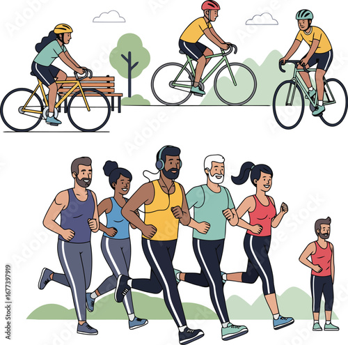 Active diverse people cycling and running outdoors for healthy lifestyle