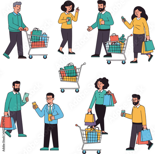 Happy shoppers with full carts enjoying a successful shopping day