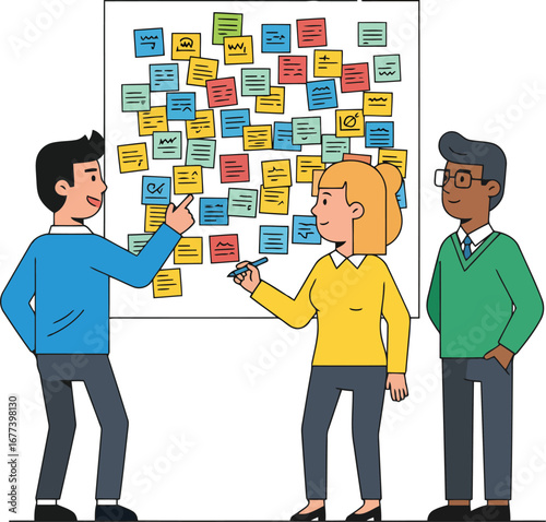 Team collaborates on ideas using sticky notes on a whiteboard