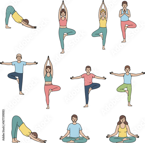 People practicing yoga positions for wellness and mindfulness lifestyle