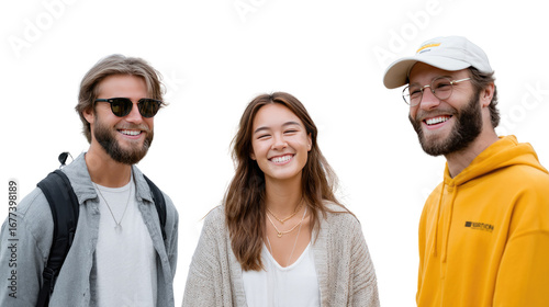 Smiling Group: A group of three diverse and cheerful individuals, bathed in natural light. They are shown here smiling with a vibrant expressions, and full of contentment.