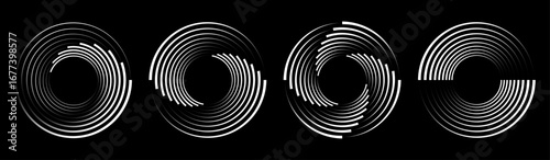 Circle form logo. Halftone speed lines icon vector set isolated on black background. Spiral border, circular frame. Editable stroke. 