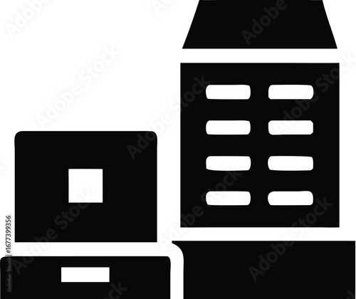 Vector art of black and white icon representing a laptop and a server rack