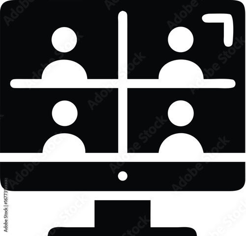 Vector art of video conference call with four participants displayed on a computer screen in a grid layout, representing remote communication and online meetings