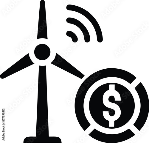 Vector art of wind turbine with dollar coin and wifi signal icon representing renewable energy investment and smart grid technology