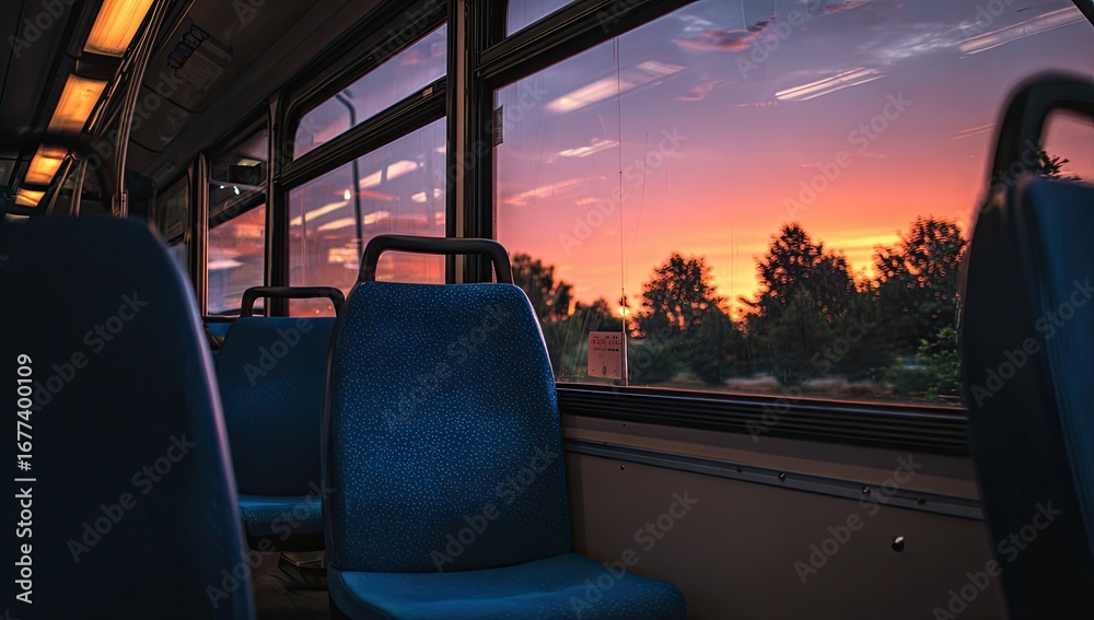 Fototapeta premium Interior bus view of a sunset