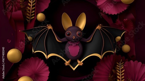 Dark fantasy illustration of a bat with wide wings flying in the night sky against a glowing full moon, surrounded by red tones, trees, and mystical atmosphere.