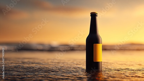 Dark beer bottle with blank yellow label stands partially submerged in shallow ocean water at sunset, waves gently lapping