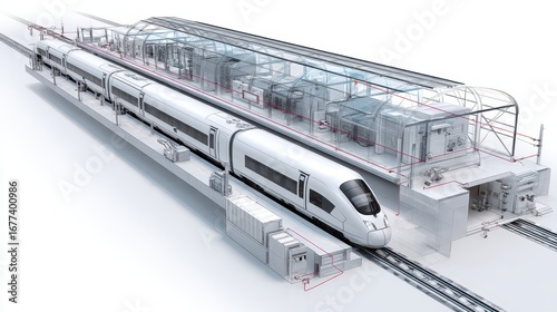 Cutaway 3D render of a high-speed electric train station with solar-powered energy hub, modular passenger facilities, and AI smart grid.