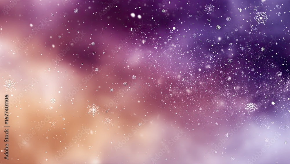 Obraz premium Abstract winter scene with swirling purple, orange, and white nebula-like clouds and falling snowflakes