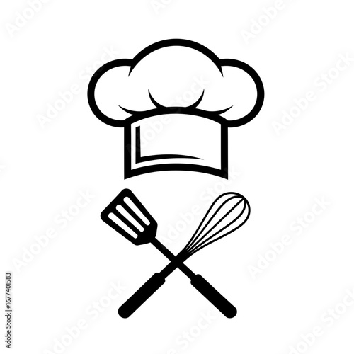 A simple culinary icon featuring a chef's hat with a crossed spatula and whisk