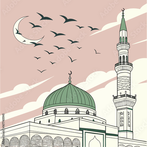 Detailed mosque outline features a green dome and tall minaret under a crescent moon