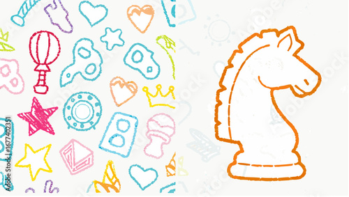 Illustration featuring a chess knight and assorted colorful sketched shapes on a white background surface