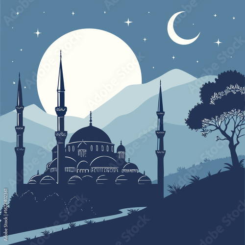 Serene mosque silhouette is framed by a full moon, stars, and softly layered mountain ridges