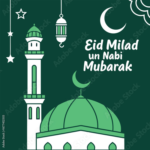 White mosque with green dome celebrates Eid Milad un Nabi Mubarak against dark backdrop