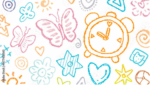 Childlike drawing featuring butterflies, flowers, hearts, stars, a clock, and other doodles on white