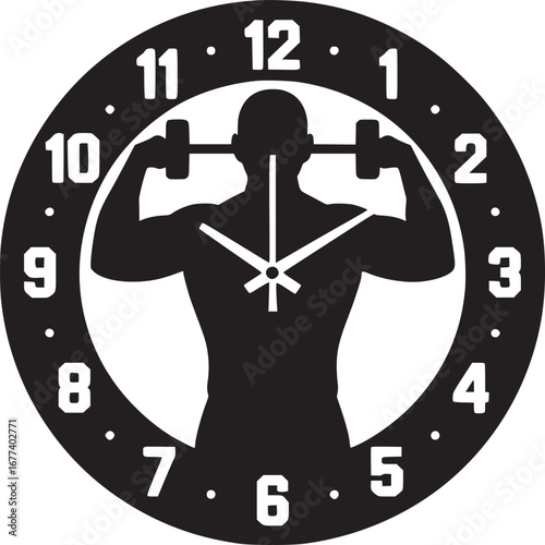 Black and white clock featuring a silhouette of a weightlifter holding dumbbells above head