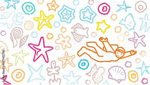 Illustration of a diver surrounded by colorful sea life including starfish and seashells on white background