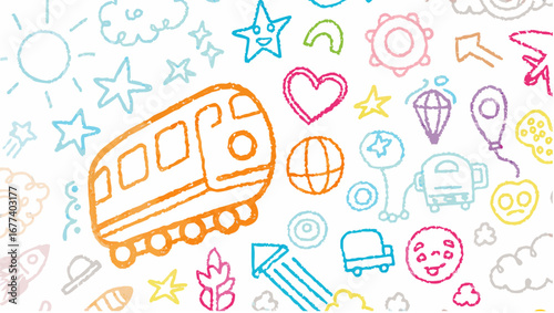 Doodle style background with a train, stars, heart, sun, rocket, and other assorted hand drawn shapes