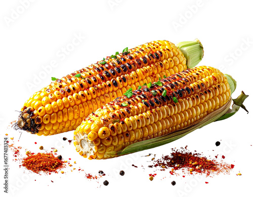 Whole Roasted Corn Cob with Masala Sprinkle, Front View, Isolated PNG