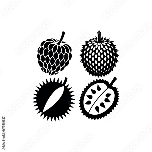 Black and White Illustration of Custard Durian Fruit Varieties silhouette vector 