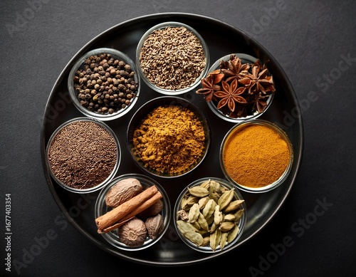 Indian traditional food ingredients showcased on black backdrop