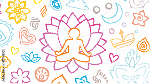 Meditating figure in lotus position surrounded by colorful doodles and symbols on white background