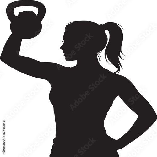 Silhouette of a woman lifting a kettlebell with her right arm in a fitness exercise pose on white