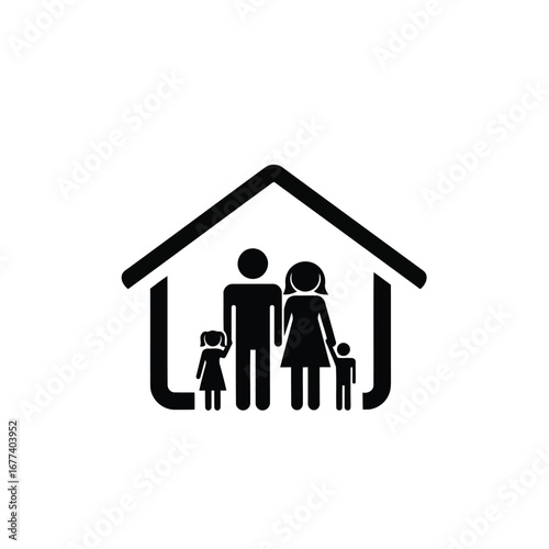 Photo of a family of four, parents and two children, standing inside a house outline