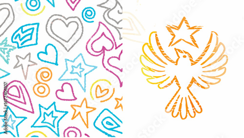 Illustration showing a pattern of hearts and stars with a bird and star on the right side design