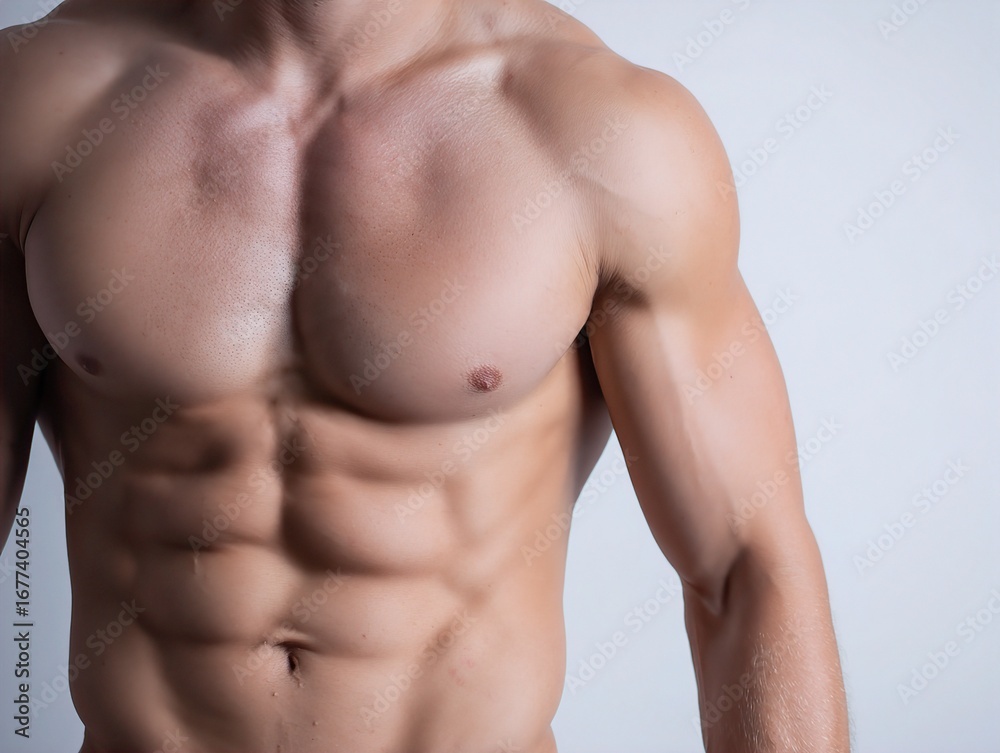 Fototapeta premium Powerful Male Torso Showcasing Defined Abdominal Muscles and Sculpted Physique in a Studio Setting Against a Clean Background