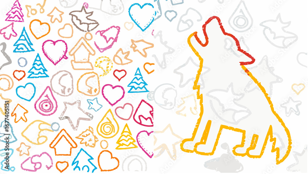 Obraz premium Illustration featuring a howling wolf outline alongside various festive and nature themed doodles artfully arranged