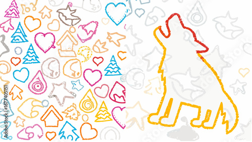 Illustration featuring a howling wolf outline alongside various festive and nature themed doodles artfully arranged