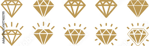 Gold diamond icons, sparkle effect, gem vector, jewelry design, luxury symbol, elegant cut, minimal style, precious stone, flat illustration, glowing, decorative