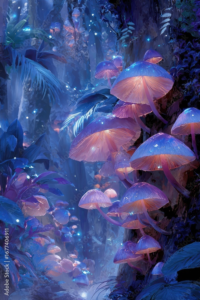 Naklejka premium Bioluminescent mushrooms illuminate a mystical, twilight forest, their soft glow reflected in lush, vibrant foliage and ethereal fireflies