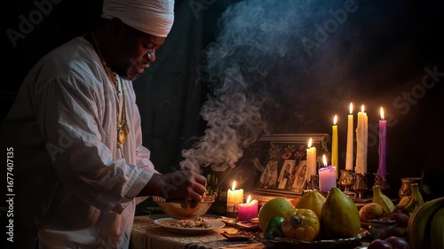 Babalawo preparing a ritual offering
