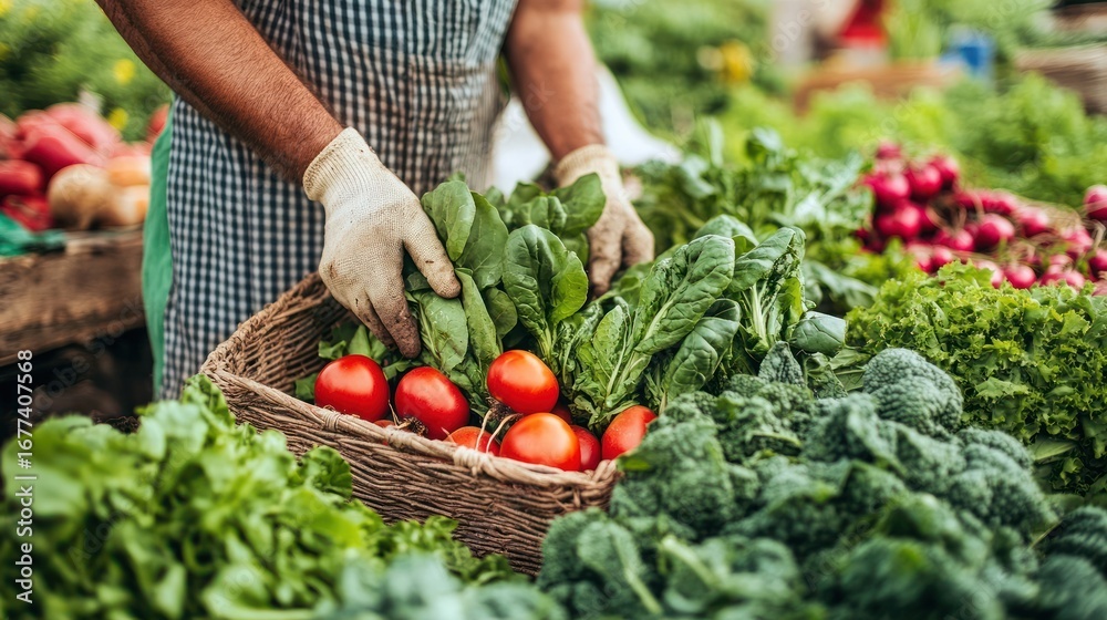 Fototapeta premium Fresh Harvest: Farmer Arranging Organic Vegetables in Woven Basket at Market Stall